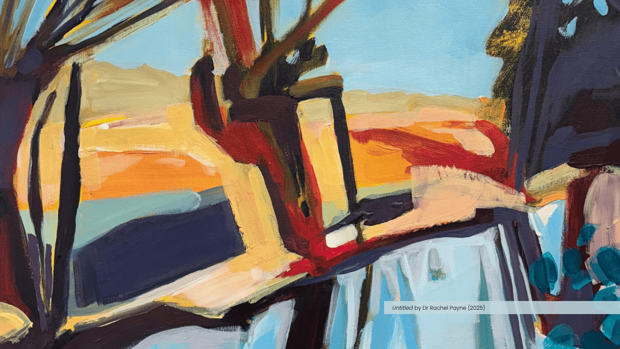 Detail of an abstract painting of a landscape.