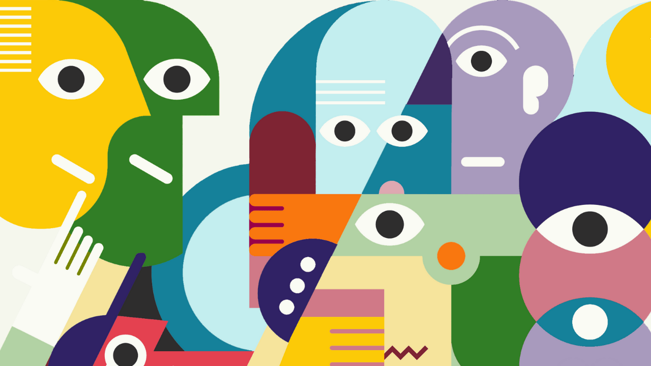A colourful graphic depicting various abstract faces.