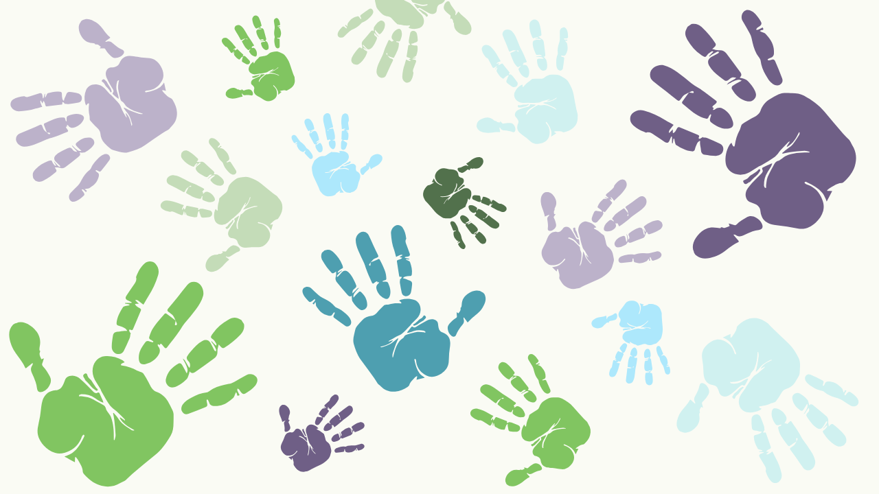 Handprints in shades of blue, green and purple.